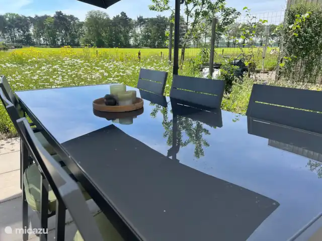 Vista del prado en Países Bajos, Barbante Septentrional, Cromvoirt - bungaló Terraza con mesa de comedor y prado de flores