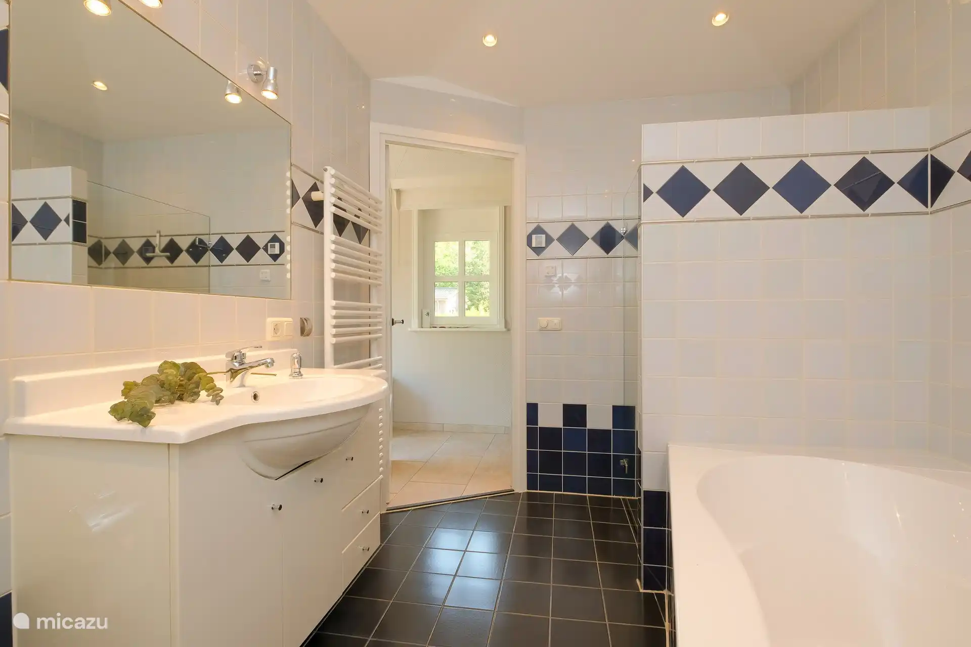 Badezimmer mit Dusche, Whirlpool, WC und großen Badmöbeln