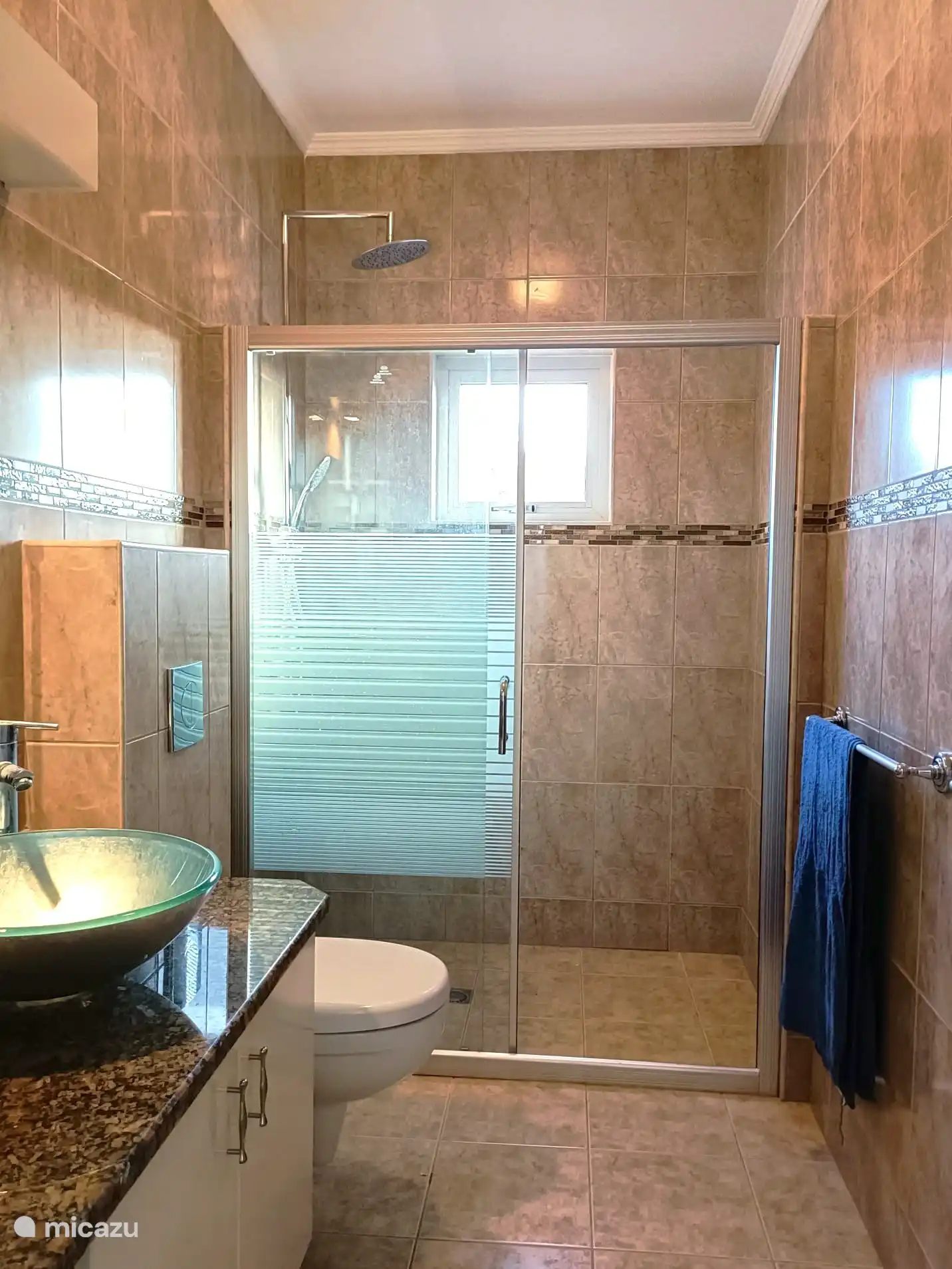 Bathroom, accessible from the hall/passage. Equipped with (rain) shower (with hot water), hanging toilet, bathroom furniture.