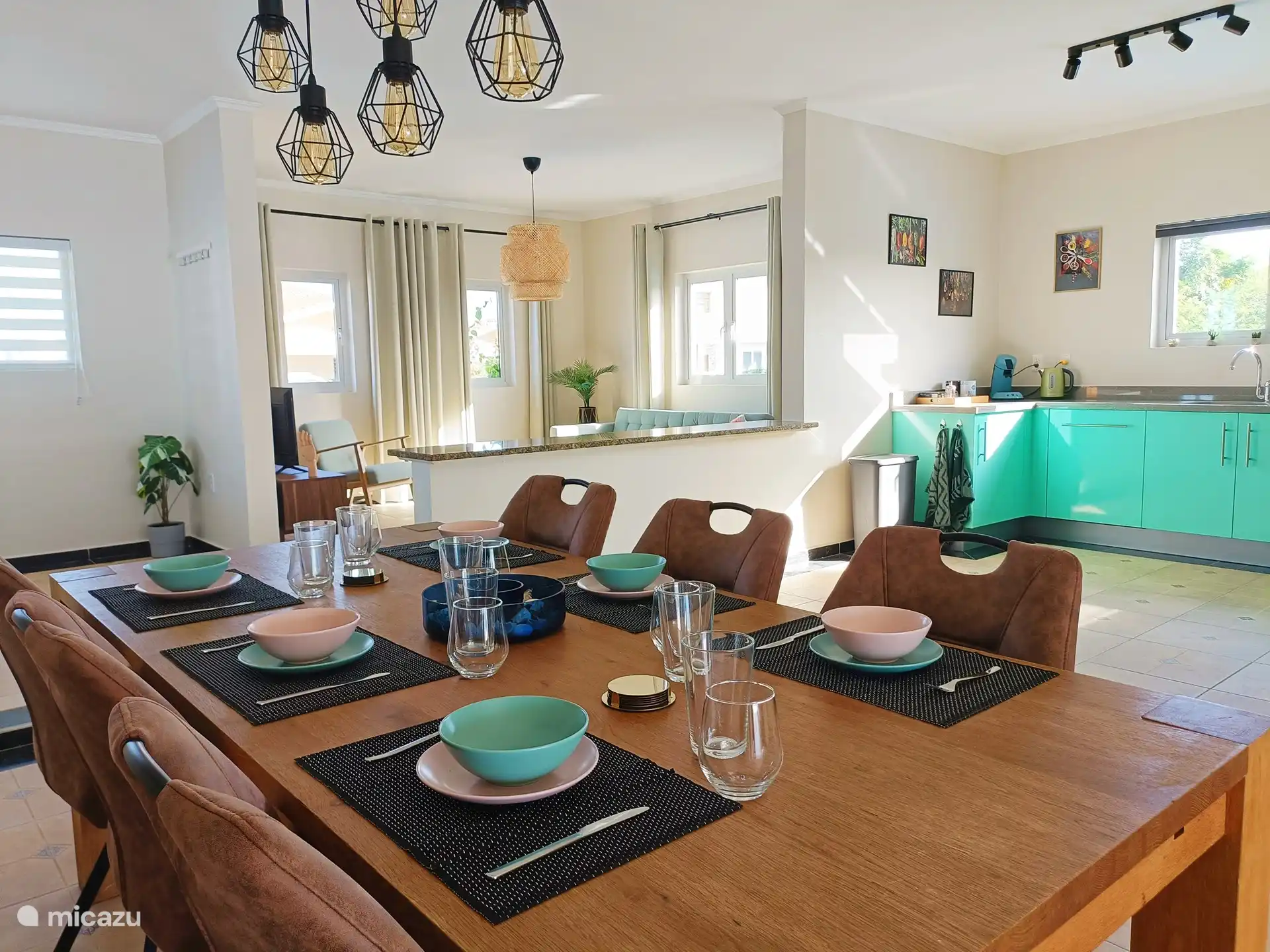 6 seater dining table, kitchen and living room