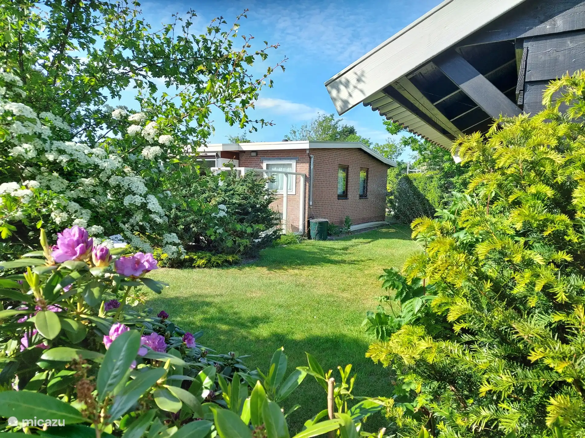 Omsloten tuin met fleurige beplanting.