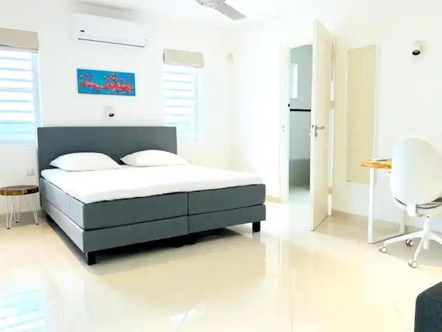 Villa Leoni en Curazao, Banda Arriba (este), Brakkeput Abou - apartamento El dormitorio flamenco cuenta con baño privado, aire acondicionado, ventilador de techo, televisor 4K de 65 pulgadas, walk-in closet y una cómoda área de trabajo.