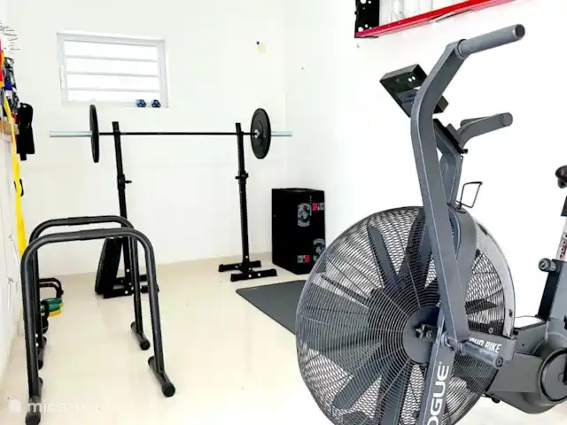 Villa Leoni en Curazao, Banda Arriba (este), Brakkeput Abou - apartamento Gimnasio con airbike, soporte para sentadillas, barras para fondos, esterilla de yoga y todo tipo de cosas. El gimnasio se encuentra junto al jardín inferior, por lo que también podrás entrenar al aire libre, entre palmeras y plátanos.