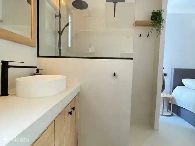 apartamento en España, Ibiza, Cala Llenya – Casa Josine Cala Llenya Baño integrado con ducha, lavabo, inodoro y combinación de lavadora/secadora.