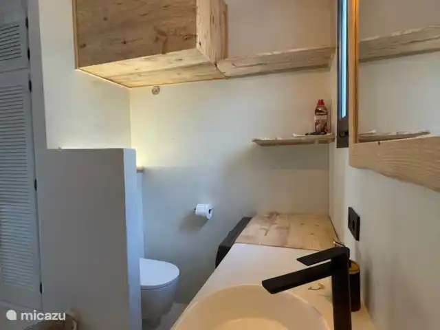 apartamento en España, Ibiza, Cala Llenya – Casa Josine Cala Llenya Baño integrado con ducha, lavabo, inodoro y combinación de lavadora/secadora.