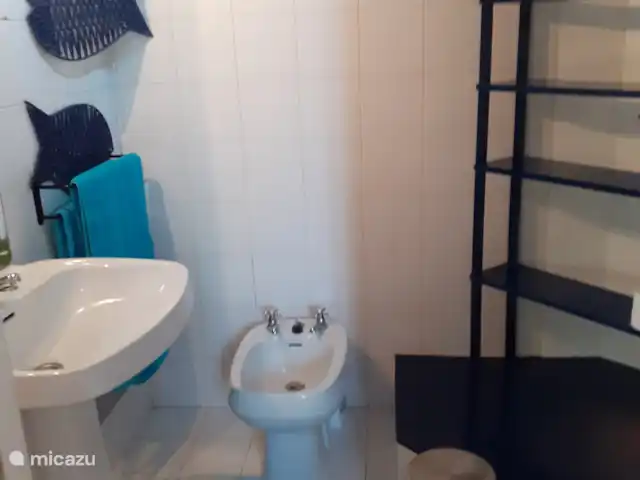 Maison du Théâtre | Portugal, Algarve, Tavira - maison de vacances Une pièce séparée avec lavabo, toilettes et bidet tout en blanc.