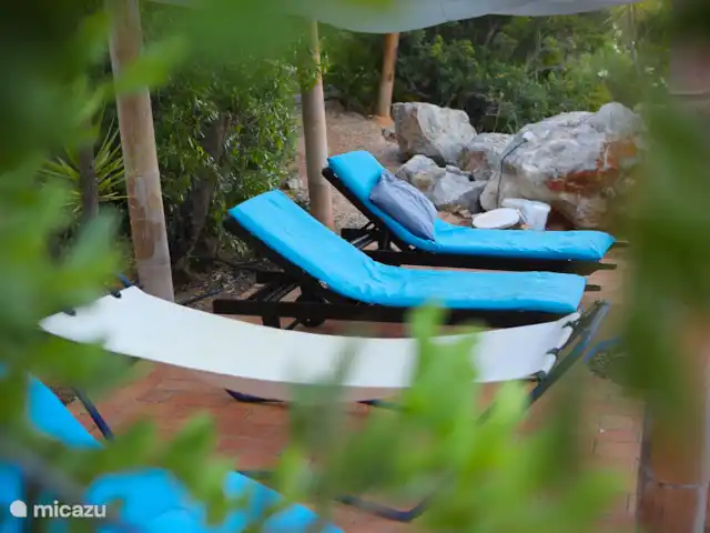 Maison du Théâtre | Portugal, Algarve, Tavira - maison de vacances Espace piscine pour biches avec chaises longues et toiles d'ombrage.
