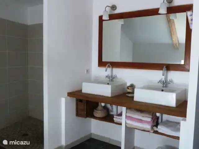 Maison de vacances Villejaleix | France, Allier, Saint-Fargeol - gîte / cottage Entrez dans une oasis de confort et d'élégance. Notre luxueuse salle de bain avec double vasque vous invite à vous reposer et à vous rafraîchir. Profitez du sentiment d'opulence en vous plongeant dans cette expérience de salle de bain raffinée.