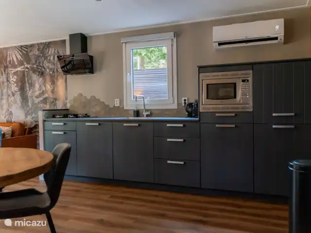 Attrayant et luxueux Boshuisje 33 @Veluwe | Pays-Bas, Gueldre, Wells - chalet La cuisine dispose d’un lave-vaisselle, d’un micro-ondes combiné, d’un réfrigérateur / congélateur, d’une plaque de cuisson à gaz et d’une hotte aspirante.