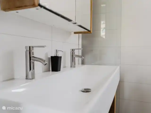 Luxueux et confortable Boshuisje 34 @Veluwe | Pays-Bas, Gueldre, Wells - chalet Le mobilier de la salle de bain est équipé d’un double vasque
