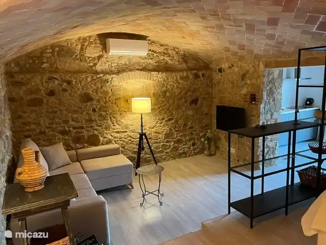 Espace de vie confortable avec plafond Volta catalan. Avec un joli canapé d'angle et Smart TV.