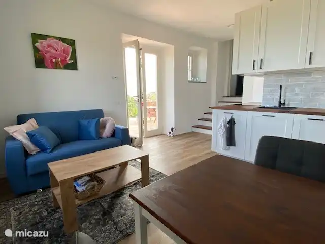 Die Küche ist mit einem Kühl-/Gefrierschrank, einem Backofen, einem Induktionskochfeld, einem Backofen und einer kleinen Spülmaschine ausgestattet.