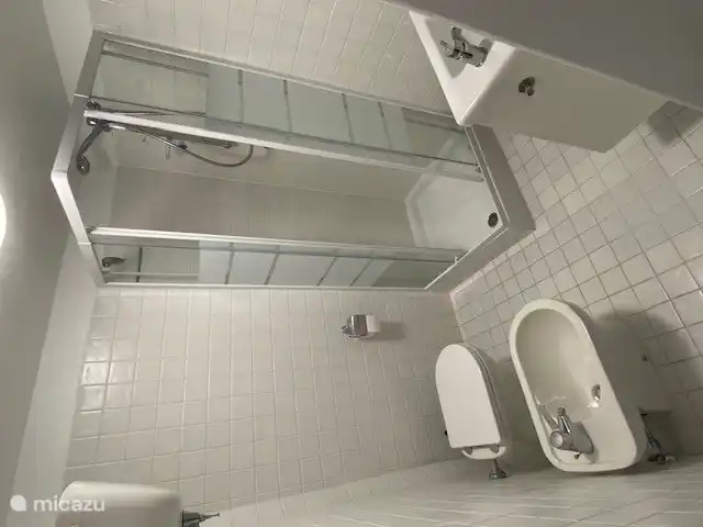 Das Badezimmer verfügt über eine Dusche, Toilette, Bidet und Waschbecken. Vom Schlafzimmer aus erreichen Sie das Badezimmer über drei Stufen.