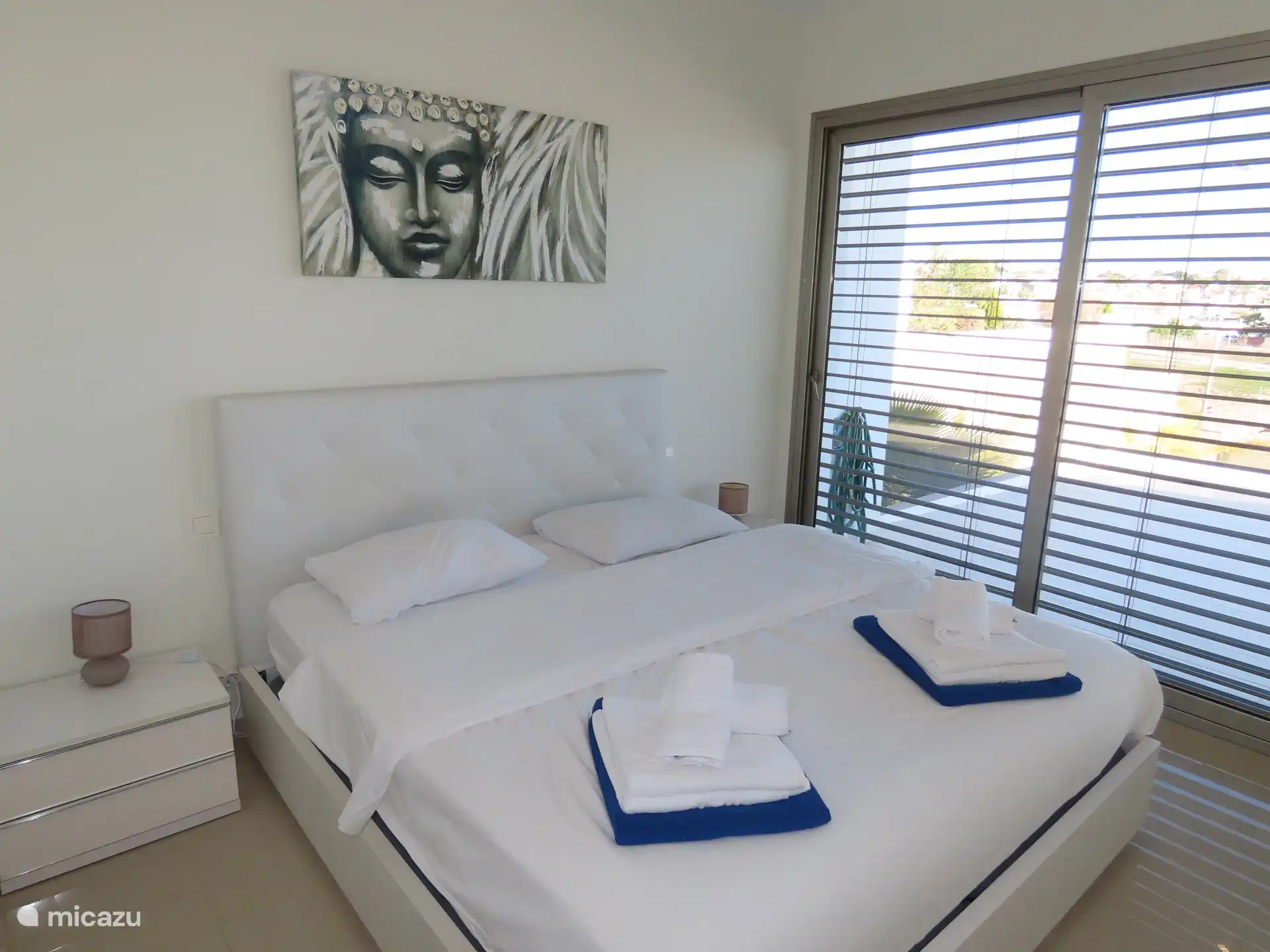 Hoofd slaapkamer met automatische blindering (type luxaflex) aangrenzend terras