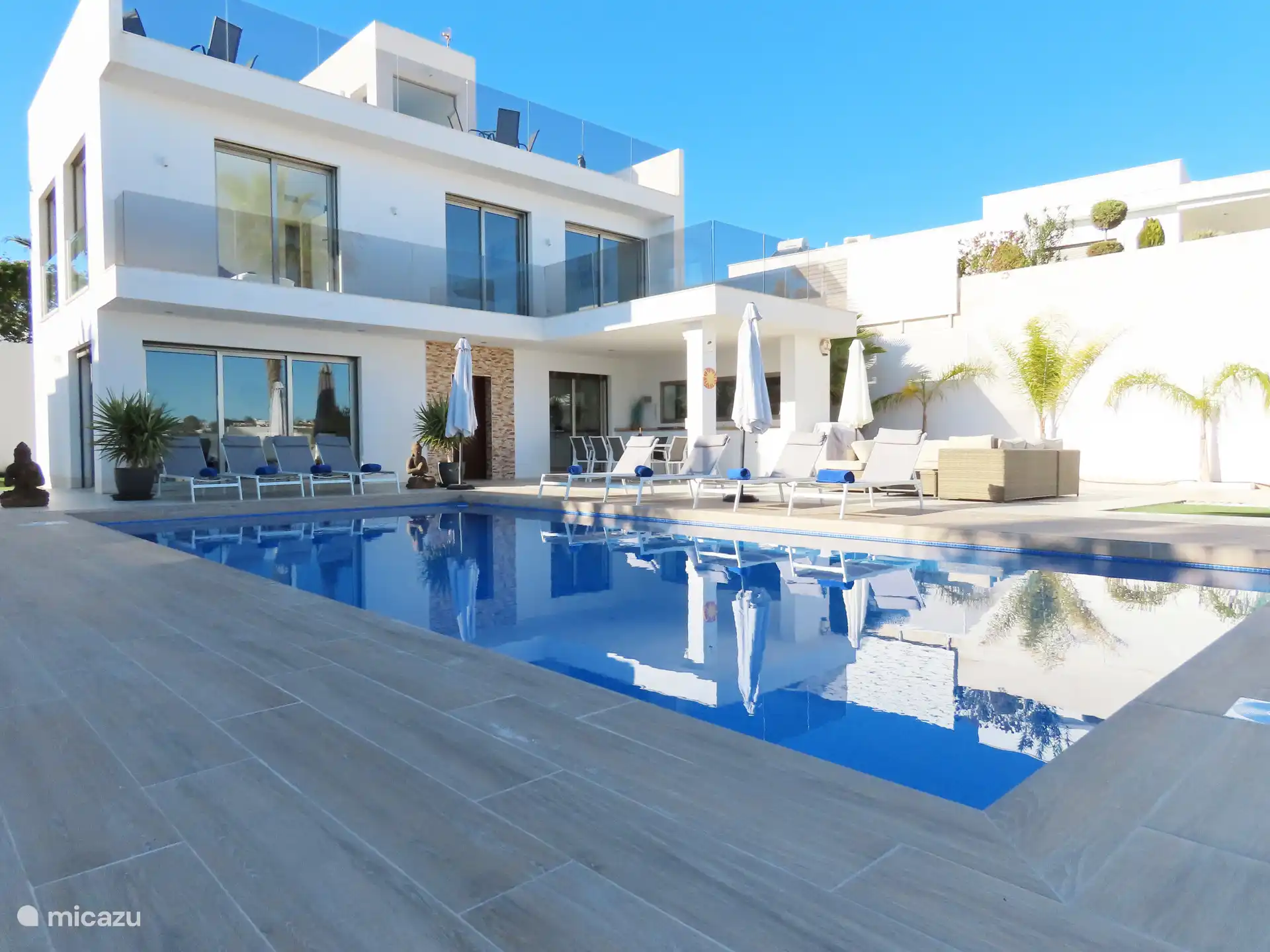 Groot privé zwembad met ligbedden voor 8 personen, lounge seat, buiten keuken en gas BBQ. 