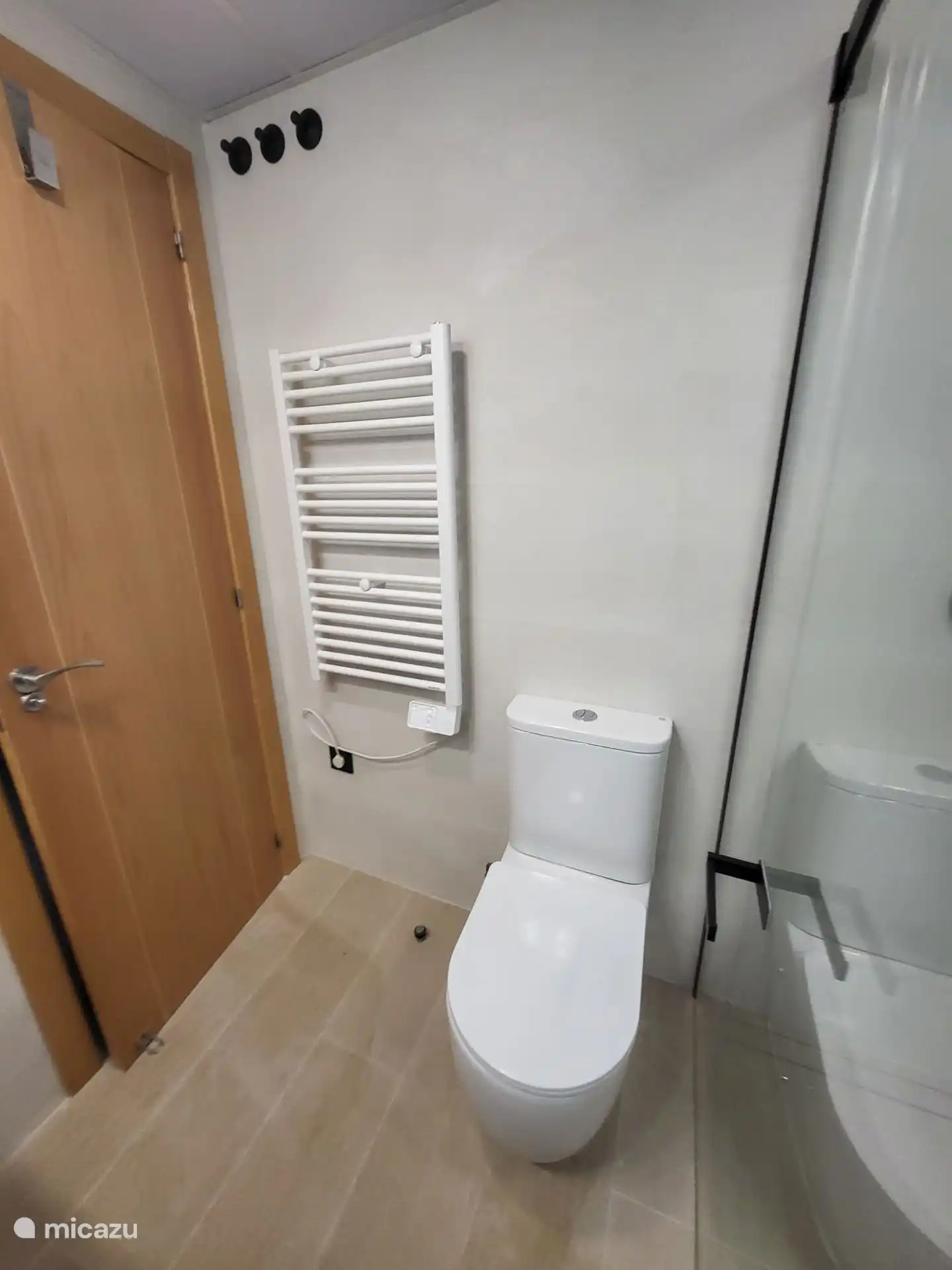 Das 2. Badezimmer (komplett renoviert im Jahr 2025) verfügt über eine ebenerdige Dusche, eine Toilette, ein Waschbecken und eine Heizung.
Dieses Badezimmer öffnet sich zum Eingangsbereich.