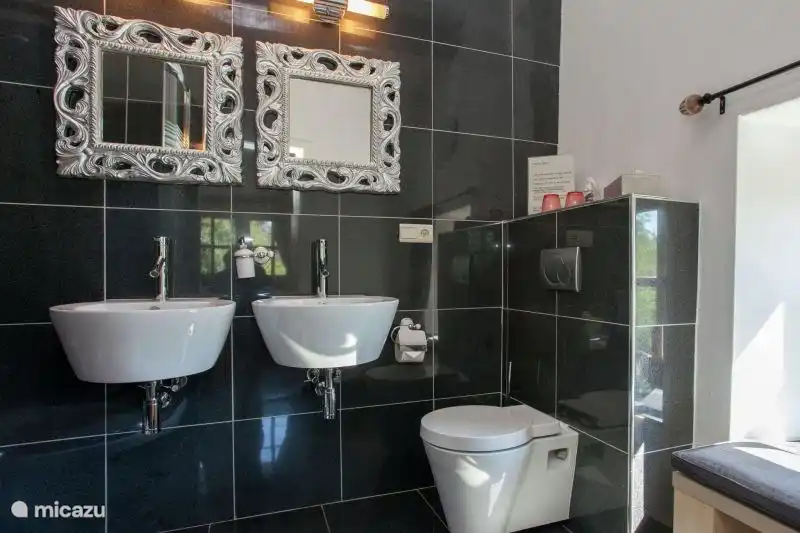 Badezimmer mit Dusche, Doppelwaschbecken und Toilette