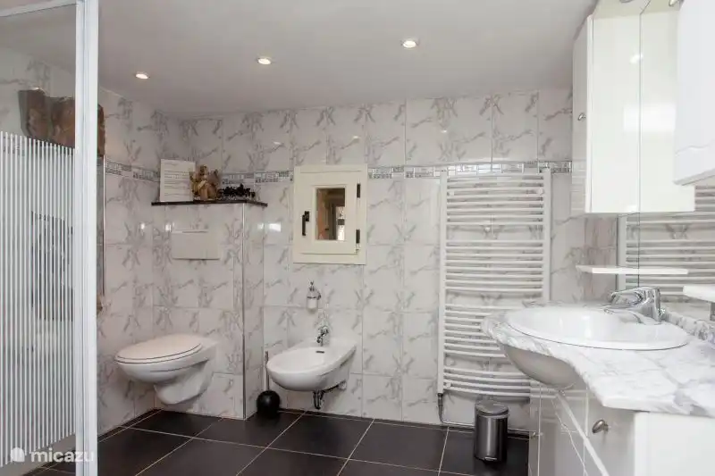 Badezimmer im Keller mit Dusche, Waschbecken, Bidet und Toilette