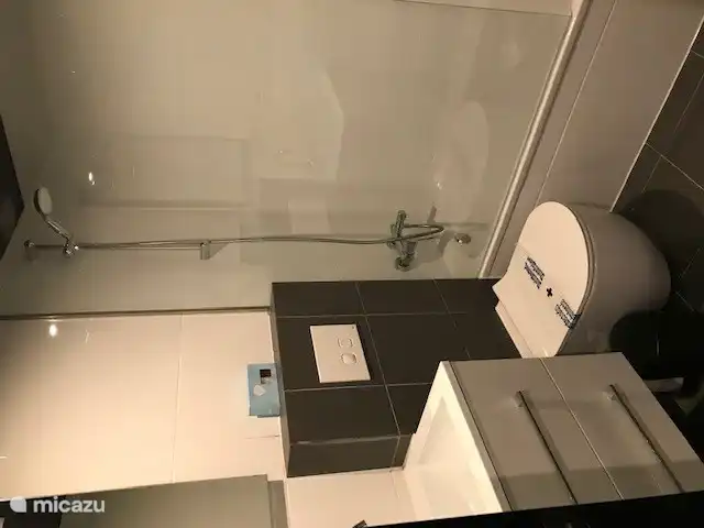 Badezimmer 2 Duschen in der Badewanne und ein Einzelwaschbecken, Toilette 