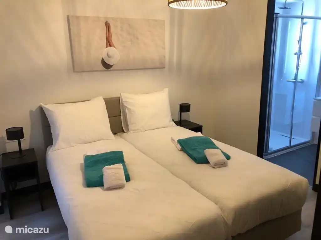 Hauptschlafzimmer mit angrenzendem Badezimmer mit ebenerdiger Dusche, Doppelwaschbecken und Toilette 