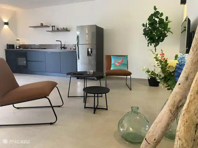 Location de Vacances Curaçao, Banda Ariba (est), Jan Thiel, appartement - Curalux Apartments-Flamingo A l'intérieur, la cuisine et le coin salon devant la télé.