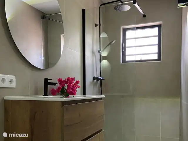 Location de Vacances Curaçao, Banda Ariba (est), Jan Thiel, appartement - Curalux Apartments-Flamingo Salle de bain avec éclairage dans le miroir, pratique pour le maquillage. Un sèche-cheveux est également disponible