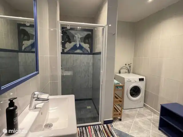 Location de Vacances Portugal, Coimbra, Covas, cabane en bois / lodge - Casa Vista Bonita La salle de bain, avec douche, lavabo, WC et machine à laver