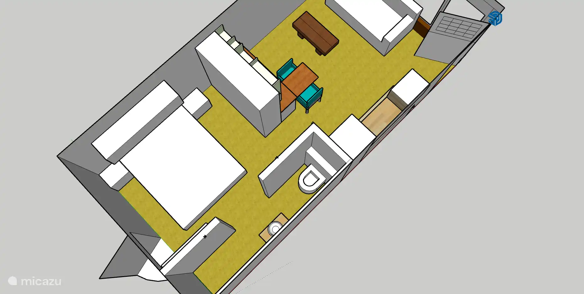 In het slaapgedeelte staat een kingsize bed.

En-suite is de door schuifdeuren afgesloten badkamer met inloopdouche, toilet en badkamermeubel. Hier liggen de handdoeken voor je klaar.
