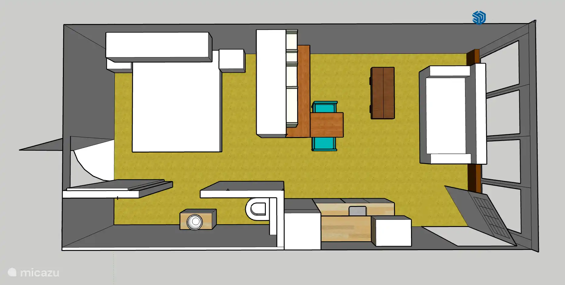 Hier is een plattegrond. 

De studio is opgesplitst in een zit- en een slaapgedeelte.

De gehele ruimte is gezellig aangekleed met kunst en een prachtige lichte bamboevloer.