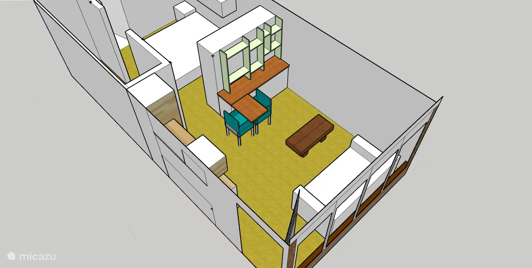 Het gezellige zitgedeelte heeft een bank, 2 leren stoelen met armleuningen, een salontafel en een wandmeubel. Daarin staan de boeken en TV met Netflix.

En er hangt kunst aan de wand.