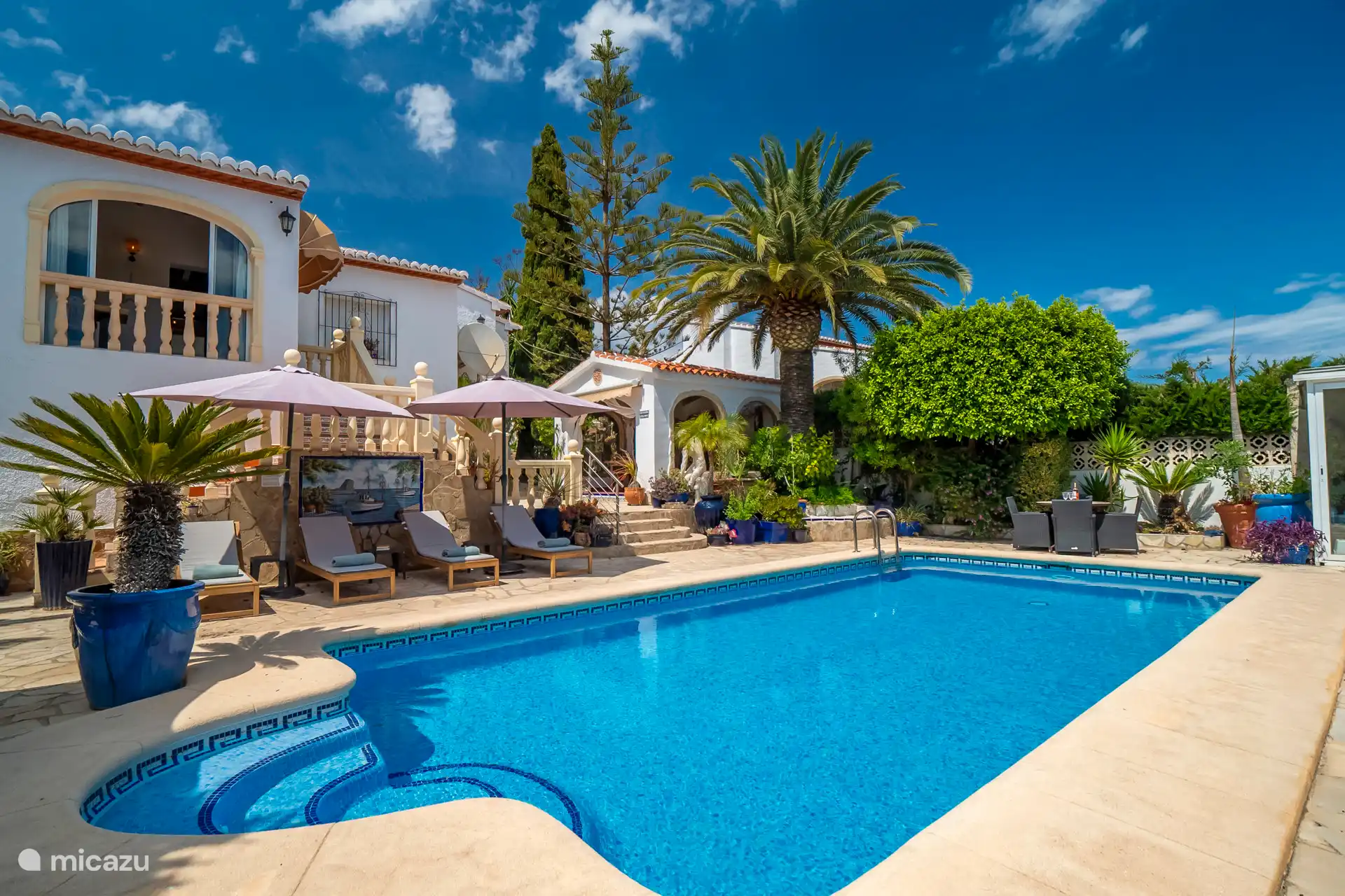 Schöner Garten mit Palmen und Swimmingpool.