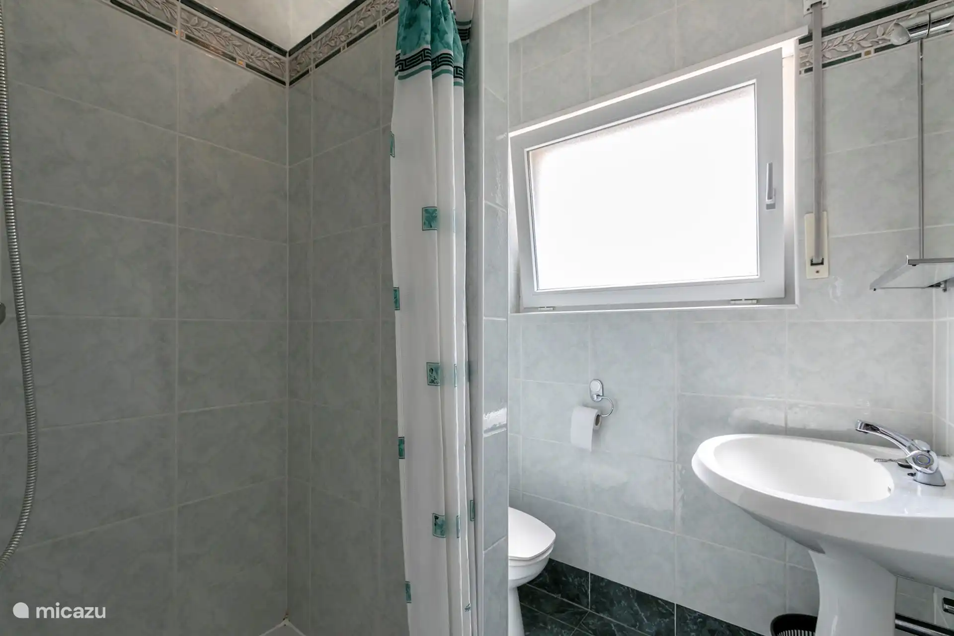 Cuarto de baño con ducha, WC y lavabo.