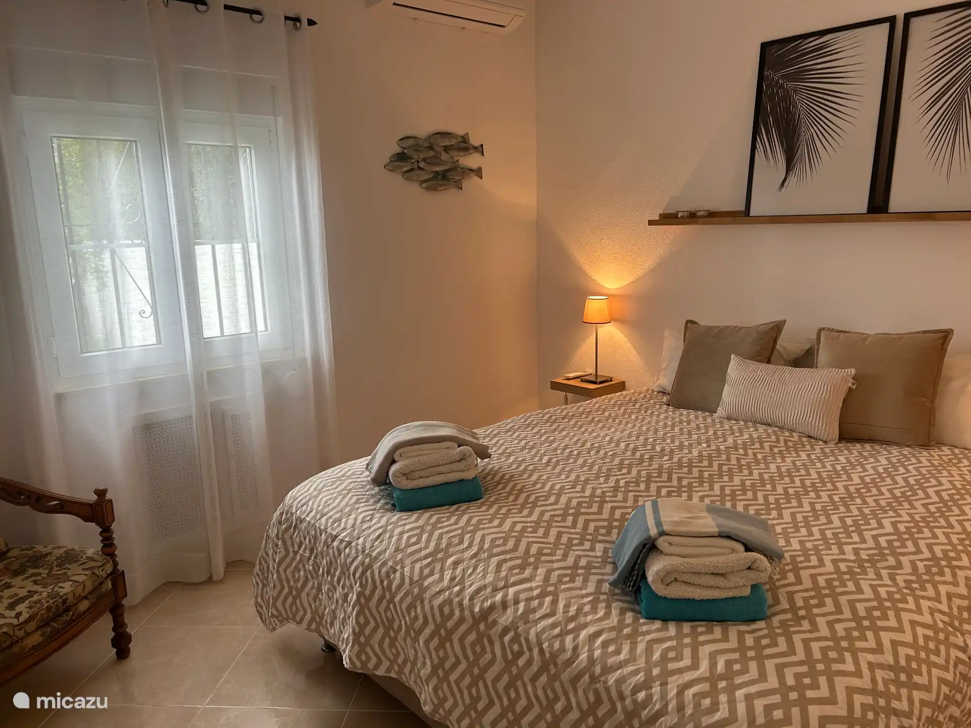 Fensterläden und Blick in den Garten mit Tomatenpflanzen, Chilipflanze, Basilikum und Petersilie 