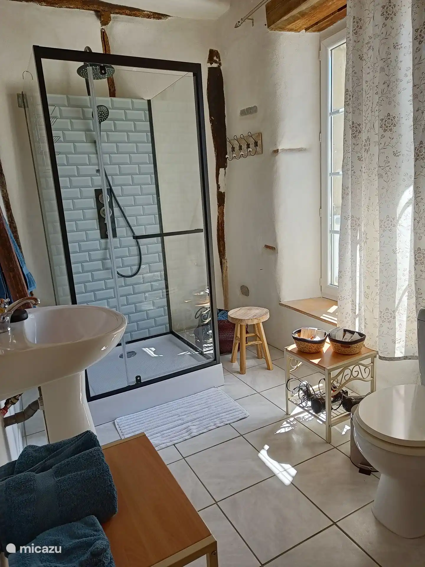 Das Badezimmer mit Toilette, Waschbecken und komfortabler Dusche