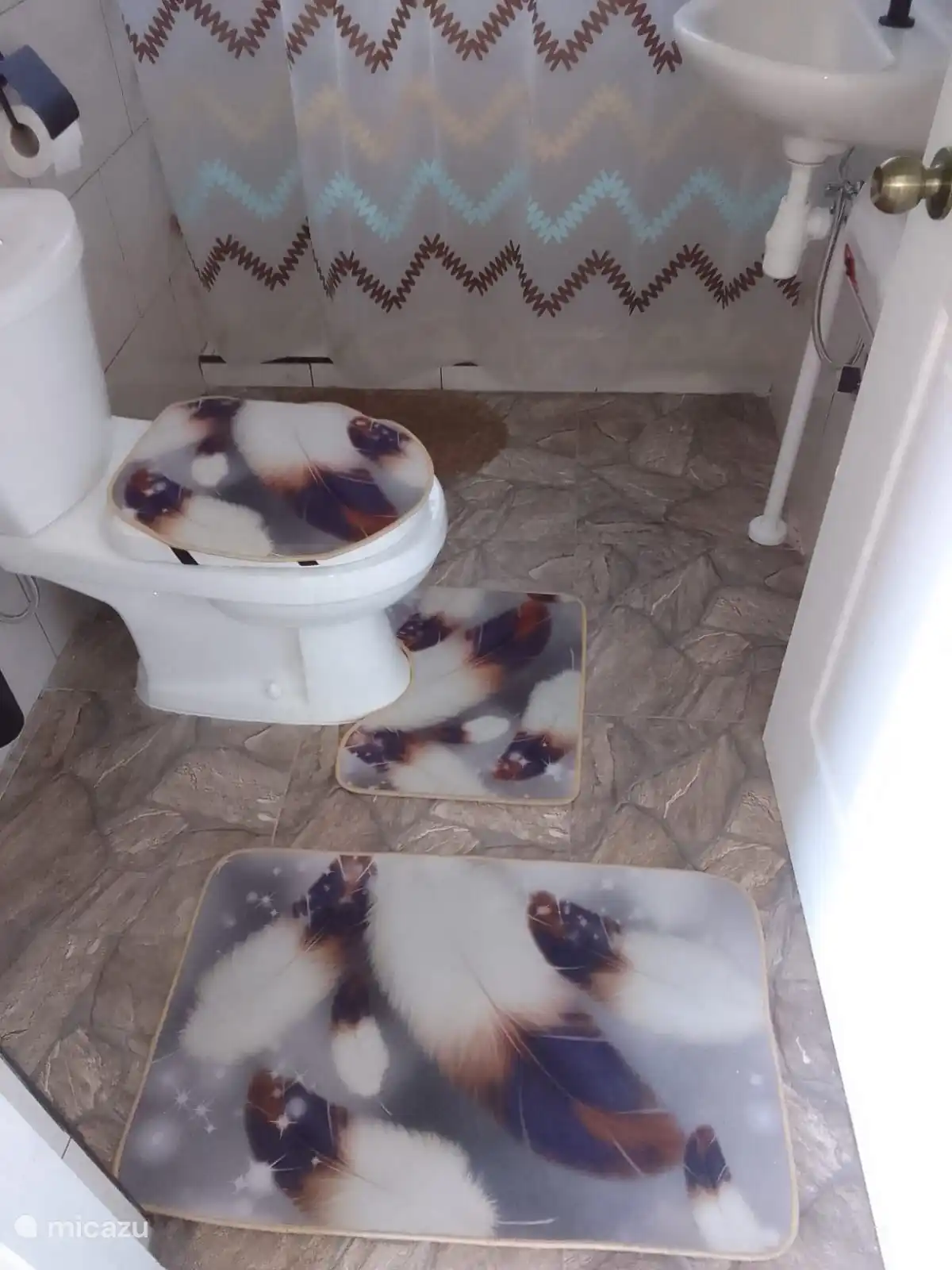 A beautiful toilet with shower and sink. There is also hot water for showering