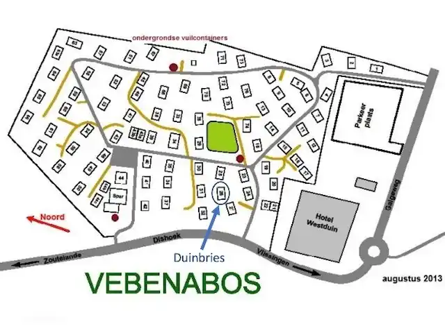 Duinbries huren in Nederland, Zeeland, Dishoek - vakantiehuis Plattegrond van het Vebenabos , blauwe pijl is Duinbries