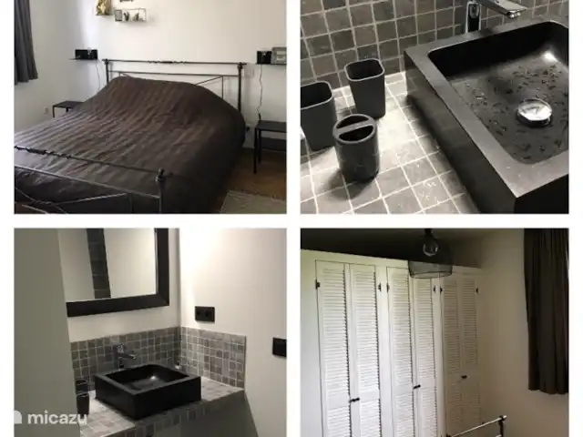 Maison Pech Bardat | France, Lot-et-Garonne, Lacepede - maison de vacances Chambre parentale 1 avec salle de bain séparée, lavabo et douche à l’italienne
