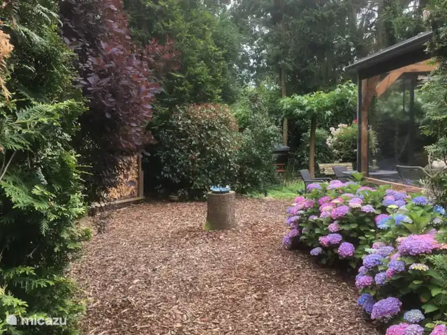 Chalet Veluwebos avec bain à remous. | Pays-Bas, Gueldre, Wells - chalet Jardin, vu de l’entrée du jardin.