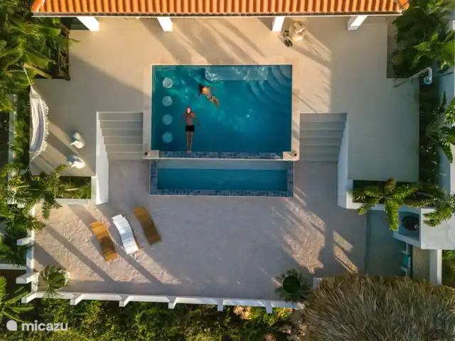 Villa SeruGrandi | Curaçao, Banda Abou (ouest), Big Mountain - villa Une belle piscine à débordement avec tabourets de bar sous-marins pour prendre un verre dans la piscine