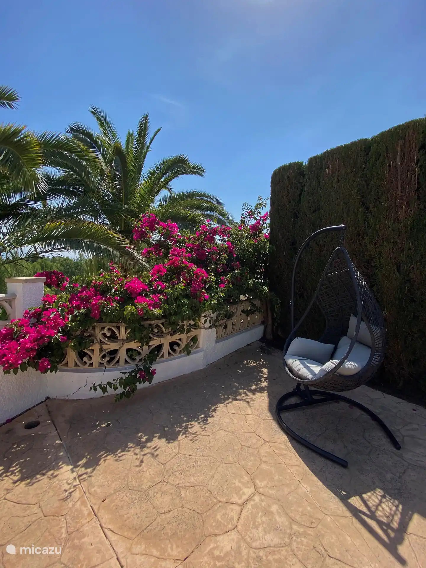 En la parte trasera del jardín, te espera un lugar encantador: una cómoda silla colgante donde podrás disfrutar de los últimos rayos de sol. Rodeado de las siempre hermosas buganvillas, este es el mejor lugar para relajarse por completo. ??????
