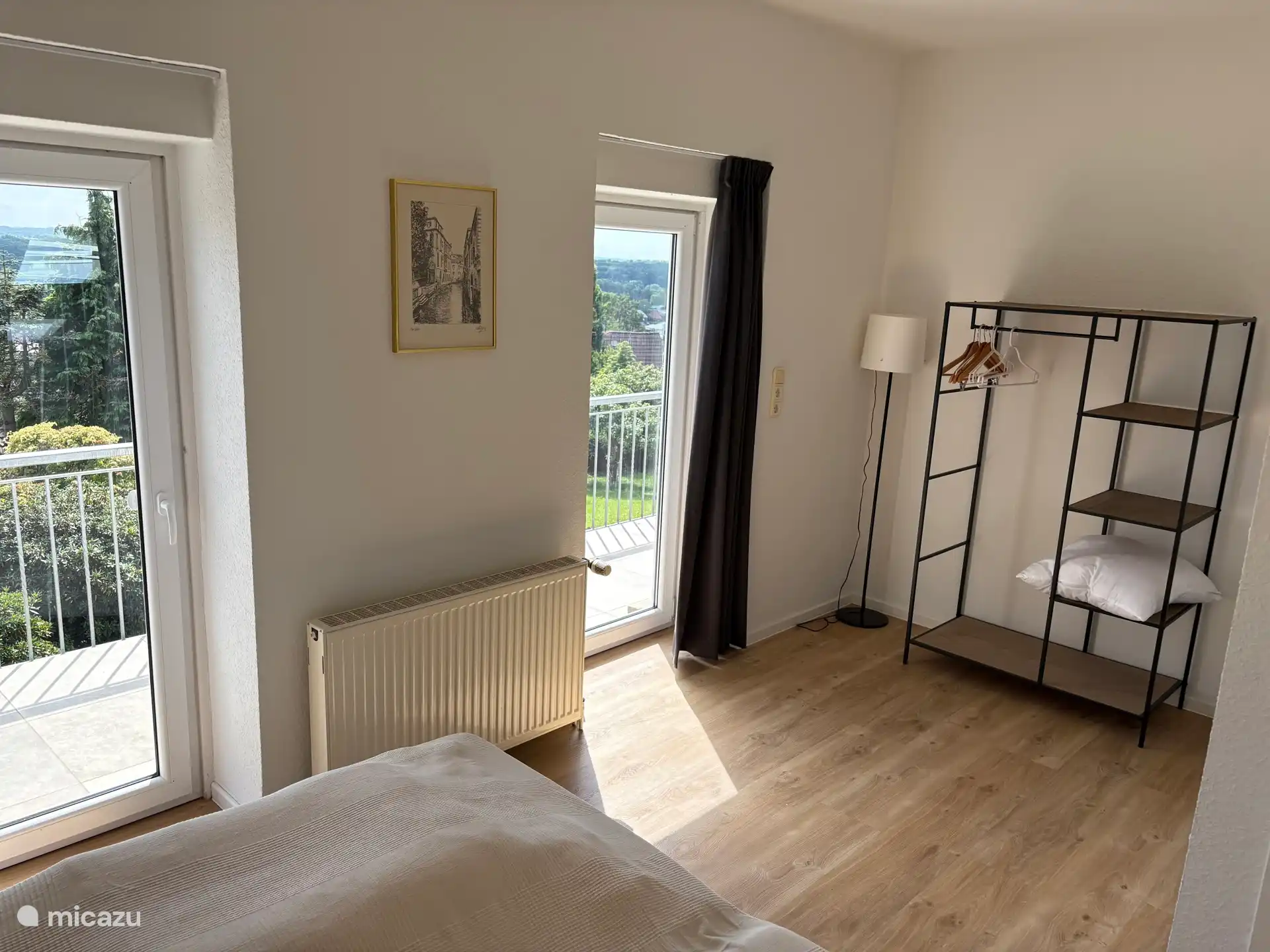 Bedroom with balcony upstairs. 1 bed 180x200 with 2 mattresses