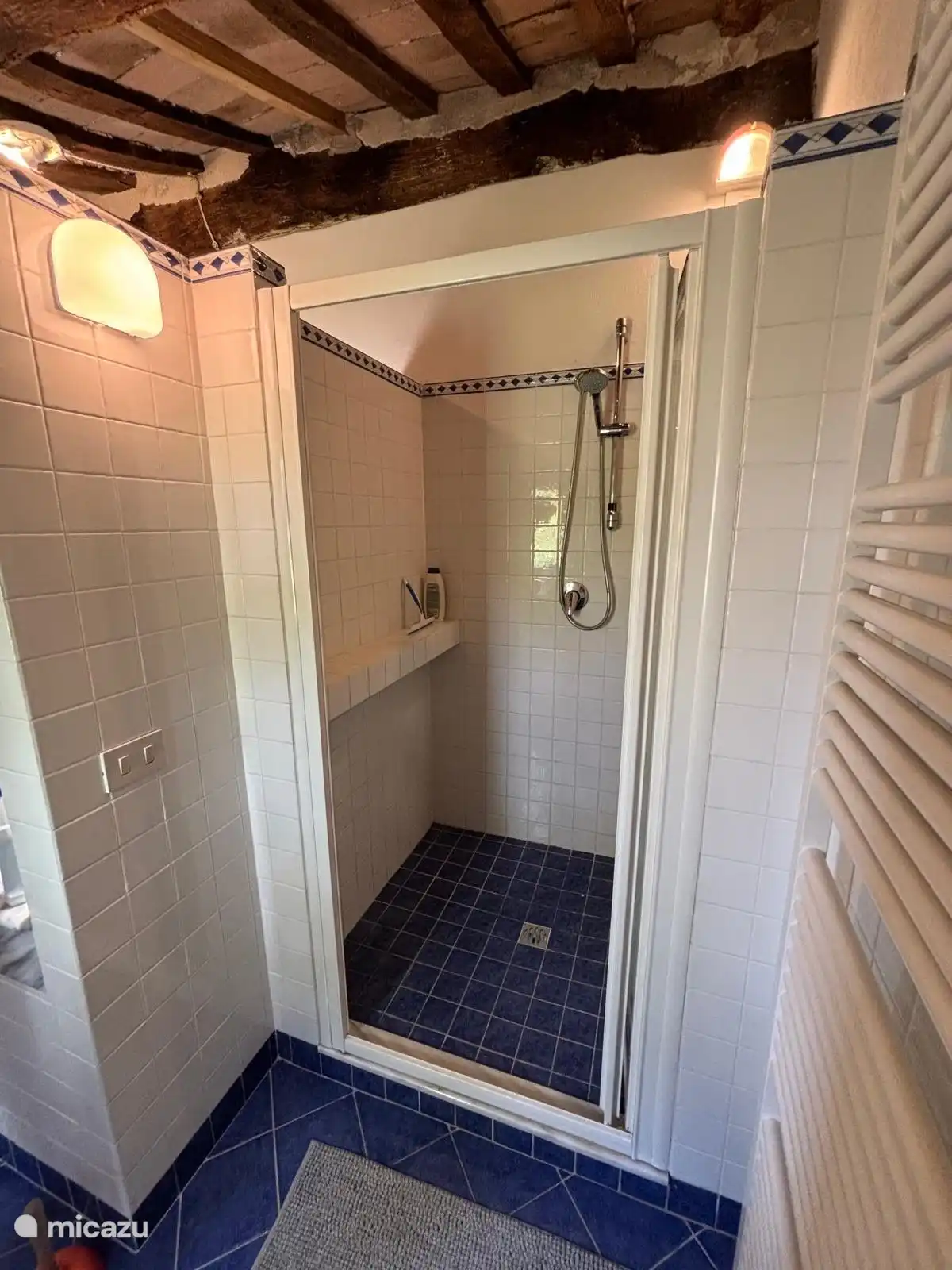 Badezimmer mit geräumiger Dusche, zwei Waschbecken und einer Toilette.