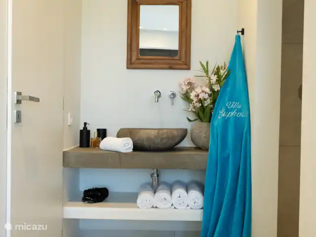 Villa Euforia en Grecia, Gracia Central, Pogonia - villa Lavabo de piedra y ducha en dormitorio principal