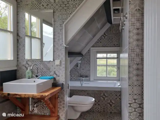 `t Bullekroffie Bonte Koe 1 huren in Nederland, Noord-Holland, Oudesluis - vakantiehuis Badkamer boven,met wastafel, toilet en whirlpoolbad, het raam kan helemaal open dan is het uitzicht eindeloos. De douche is ook in deze badkamer (u doucht niet in bad)