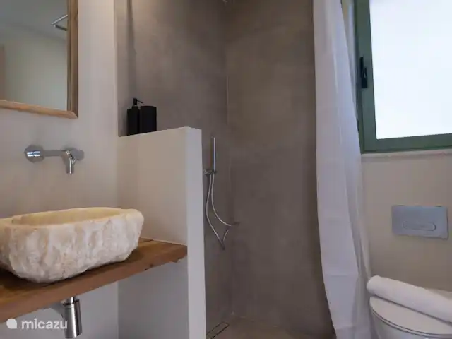 Nid Ionien  | Grèce, Grèce centrale, Pogonia - studio Salle de bain avec douche à effet pluie et lavabo en pierre