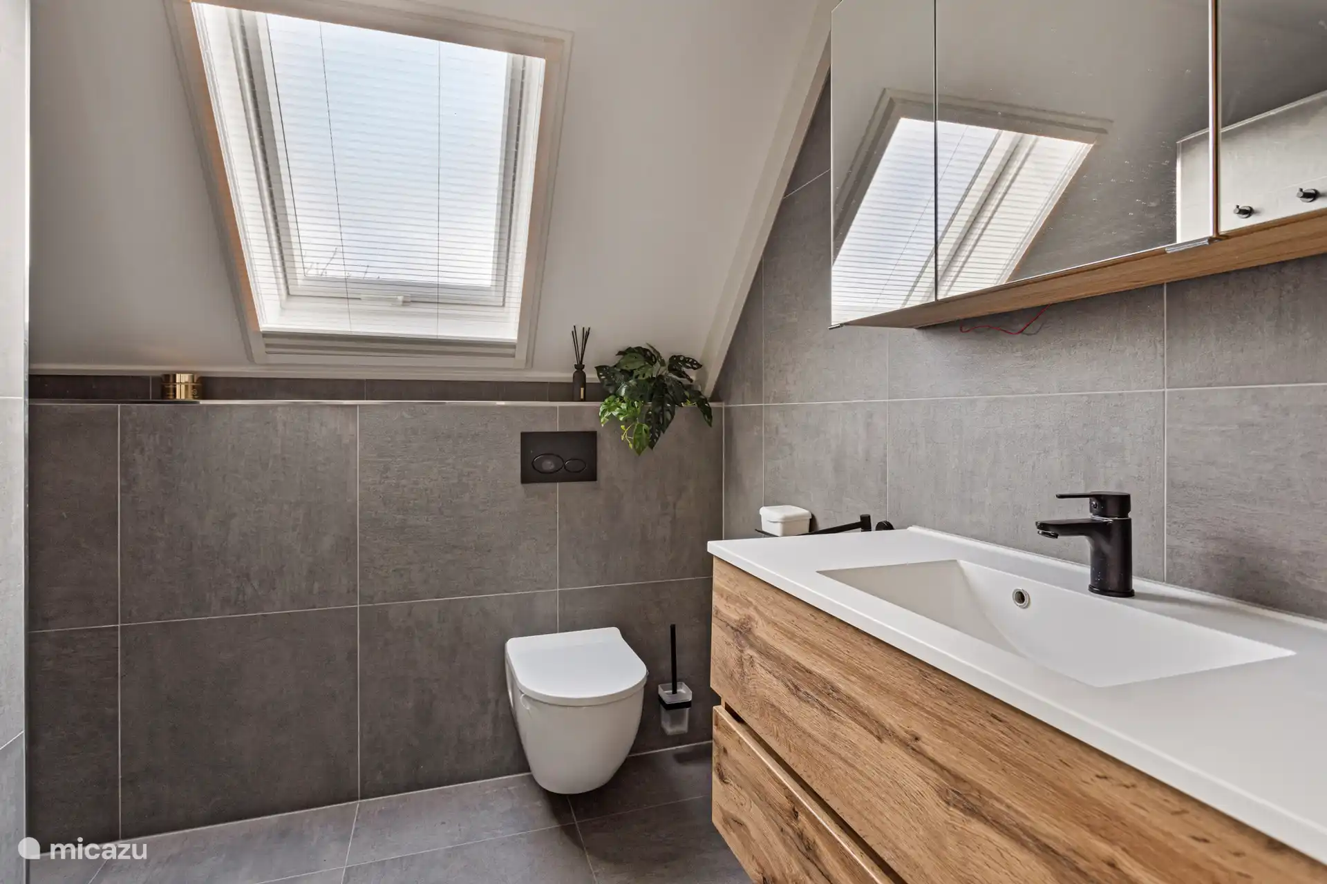 Badezimmer mit Dachfenster und begehbarer Dusche