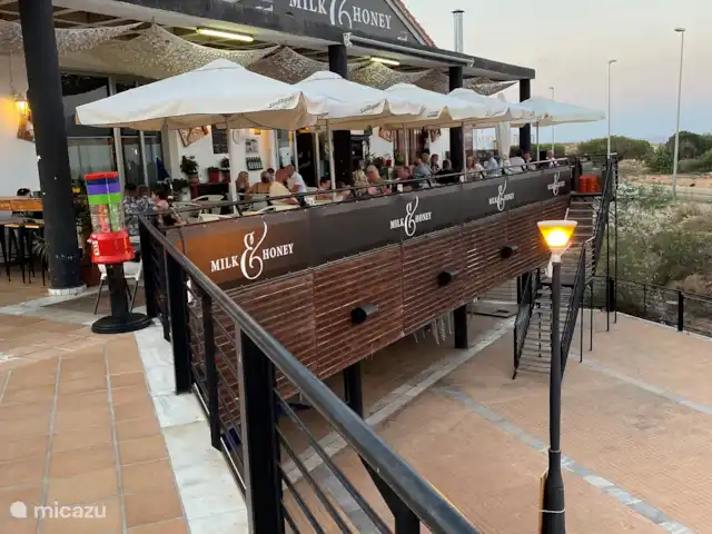 El Canario Azul Zeezicht Torrevieja huren in Spanje, Costa Blanca, Orihuela Costa - appartement Een overzicht van het bovendeel van het complex met ruim 40 horeca gelegenheden 200 meter van het vakantie appartement.