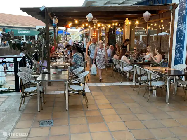 El Canario Azul Zeezicht Torrevieja huren in Spanje, Costa Blanca, Orihuela Costa - appartement Een overzicht van het bovendeel van het complex met ruim 40 horeca gelegenheden 200 meter van het vakantie appartement.