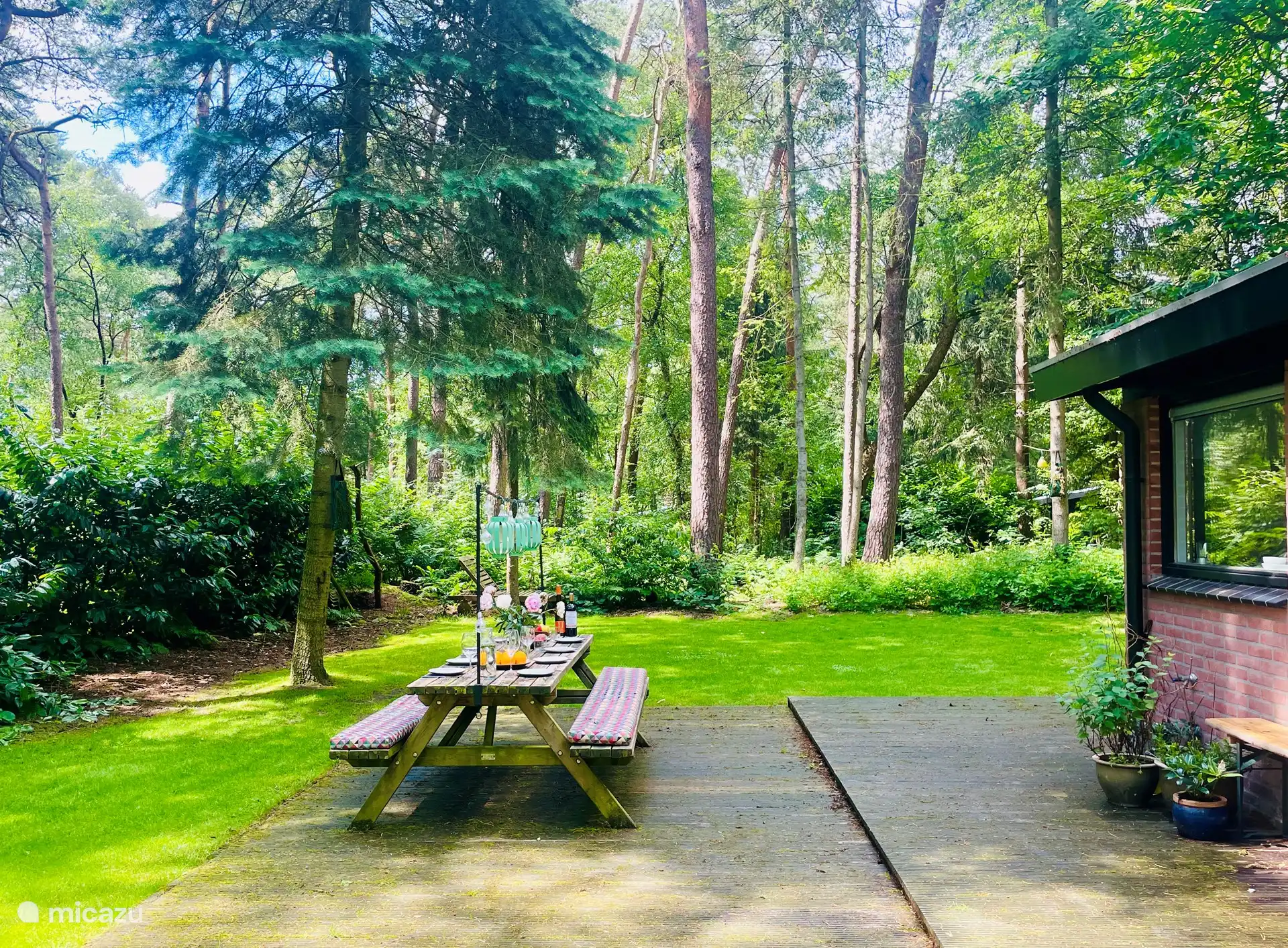Schöner Picknicktisch zum Sitzen und Genießen des großen Waldgartens