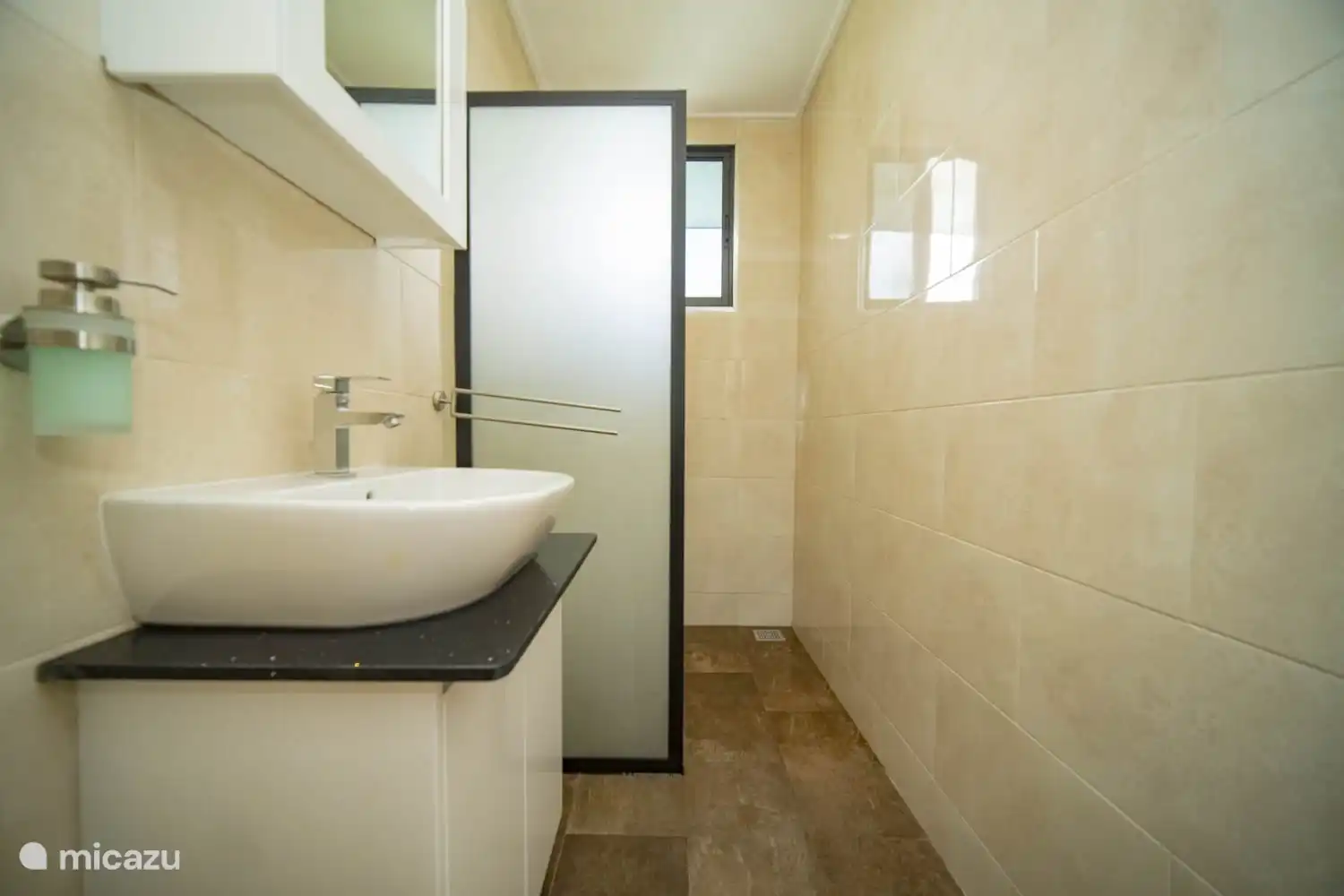 2nd bathroom with a sink and a shower area. The bathroom is equipped with both 220V and 110V sockets for the use of e.g. shaver and/or hair dryer.